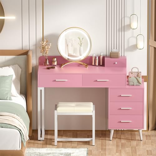 White Vanity Desk with Mirror and Lights, 6 Drawers and Stool Z334