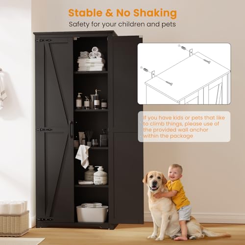 Farmhouse Pantry Cabinet with 6 Shelves and Barn Doors, Brown K34379