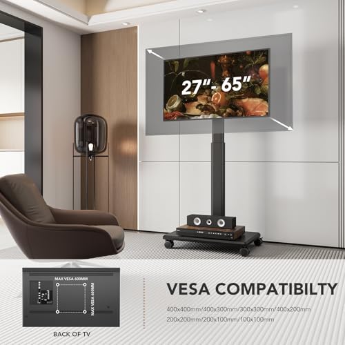 Rolling Floor TV Stand with Wheels, Height Adjustable for 27-65 Inch TVs B690