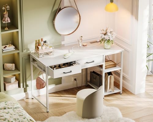 Small Computer Desk with Drawers & Power Outlet for Bedroom, Home Office M131