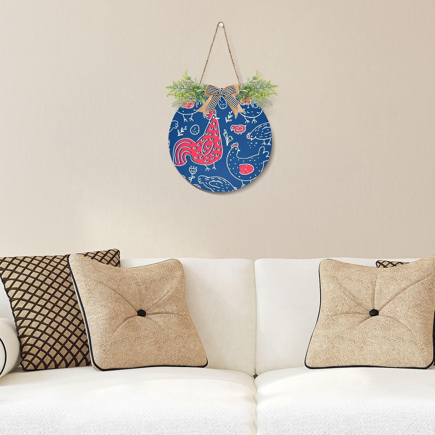 Chicken Rooster Door Wreath for Front Door, Round Hanging Home Decor Q59487