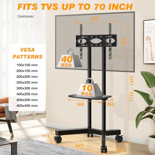 Mobile TV Stand for 32-75 Inch TVs, Height Adjustable Rolling Cart with Laptop Shelf V4062