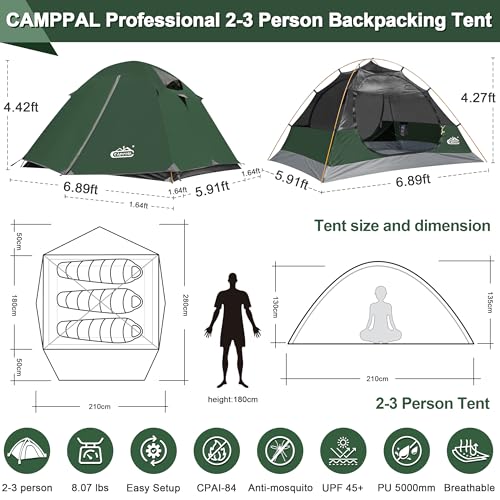 2-3 Person Backpacking Tent, Waterproof Windproof 4 Season, Easy Setup for Camping Hiking S275