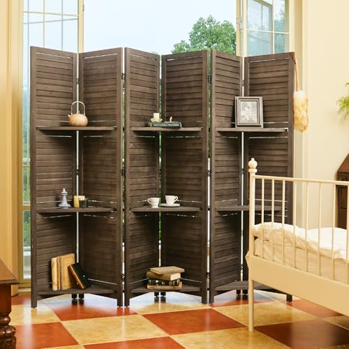 Folding Room Divider with Shelves, 6 Panels, Brown D785582