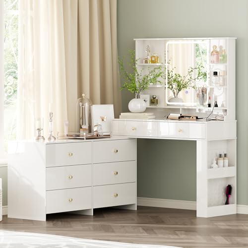 Large Makeup Vanity Desk with Mirror and Lights, 8 Drawers, Power Outlet B666