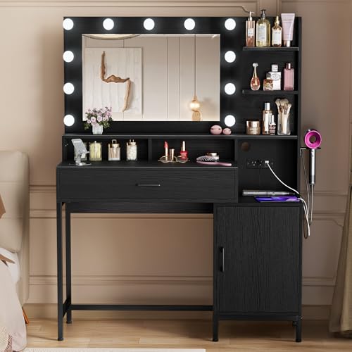 White Vanity Desk with Mirror and Lights and Storage Drawer M5848
