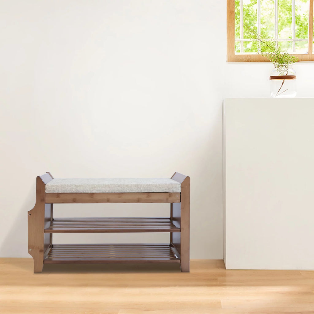 Bamboo 2 Tier Shoe Rack Bench with Soft Seat for Entryway M310