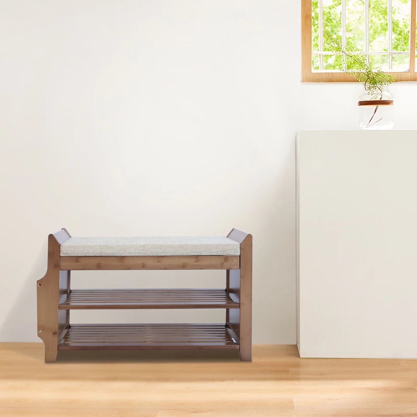 Bamboo 2 Tier Shoe Rack Bench with Soft Seat for Entryway M310