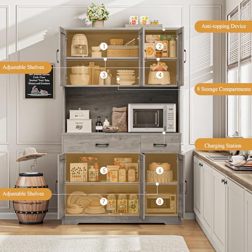 71" Tall Pantry Cabinet with Charging Station and Microwave Stand L63097