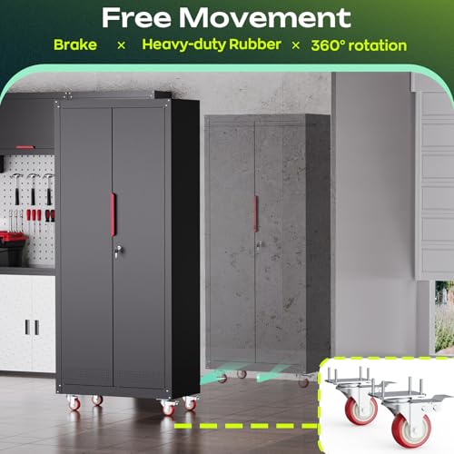 Metal Garage Storage Cabinet with 5 Adjustable Shelves and Wheels T460