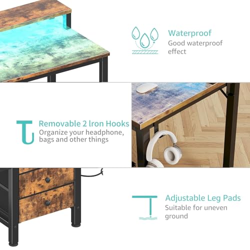 Gaming Desk with LED Lights and Power Outlets, 47 Inch Computer Desk with Fabric Drawers U2584