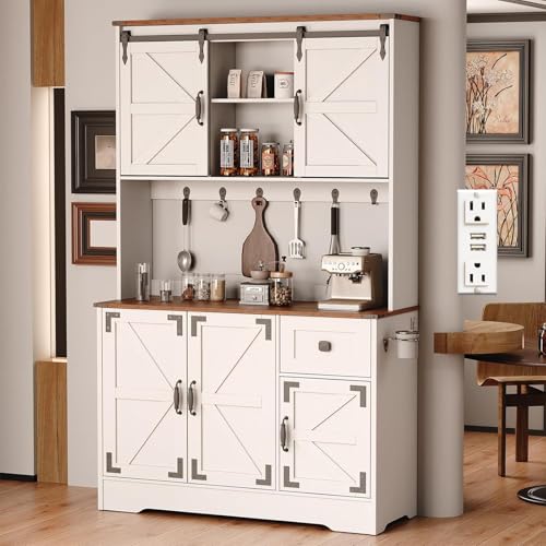 71" Kitchen Pantry Cabinet, Modern Kitchen Hutch Food Pantry with Charging Station and Microwave Stand, Pantry Storage Cabinets with Countertop, for Dining Room, White