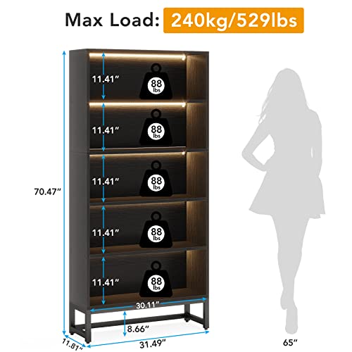 Tall Bookcase with LED Lights, 5-Tier Storage Shelves T8450