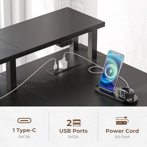 L Shaped Desk with File Drawers, Power Outlet & LED Lights, Corner Computer Desk with Monitor Stands Z425