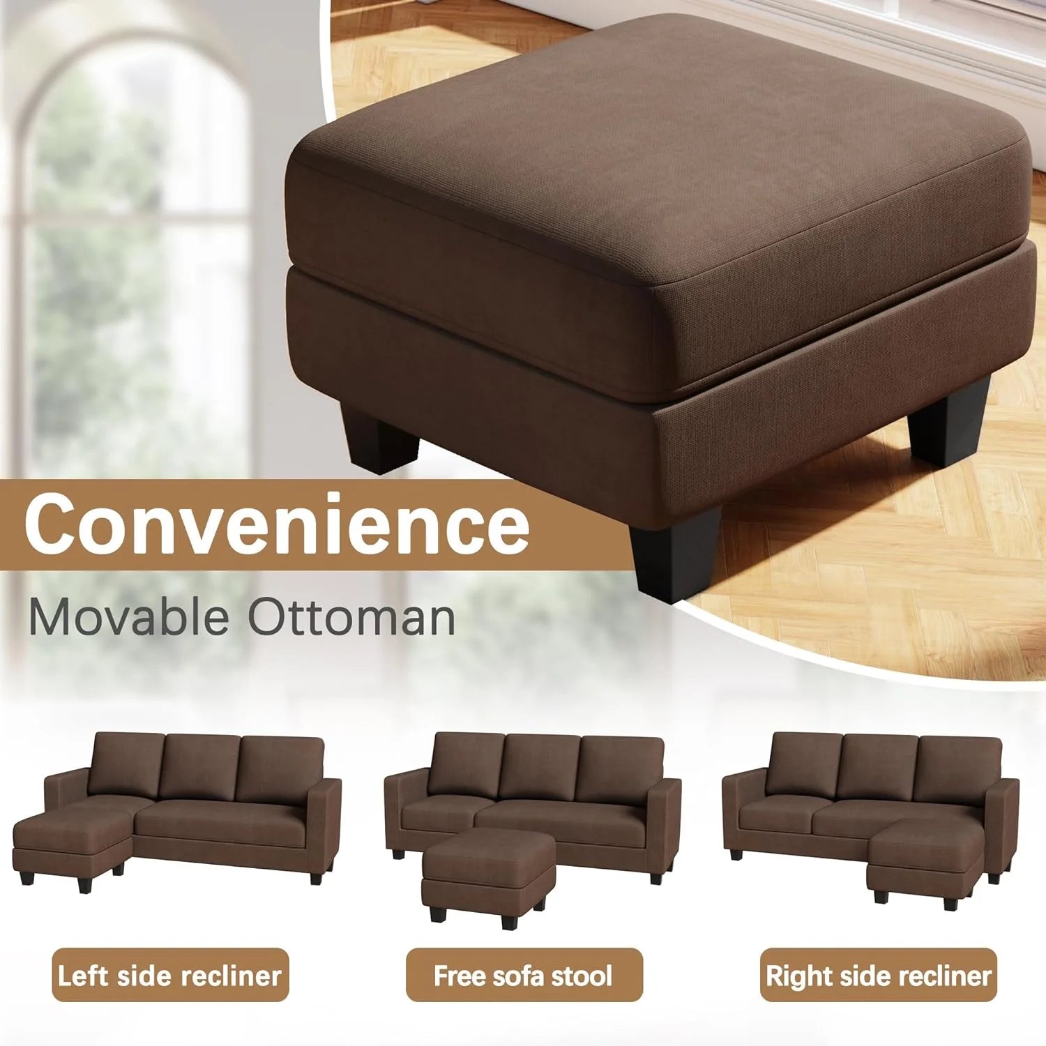 L Shaped 3-Seat Sectional Sofa with Ottoman for Small Spaces, Brown J979264