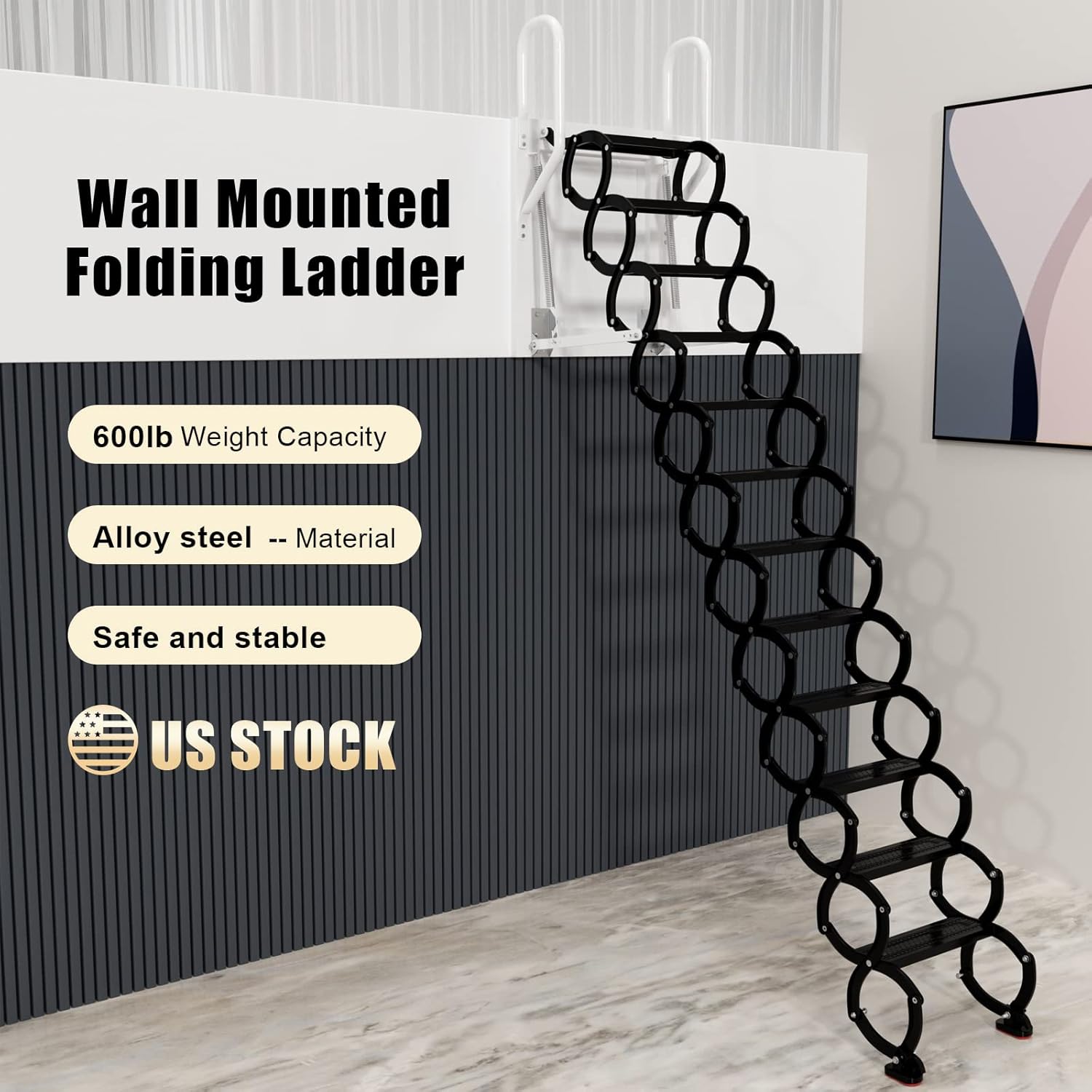 Wall Mounted Folding Ladder, Black Loft Attic Stairs E99308