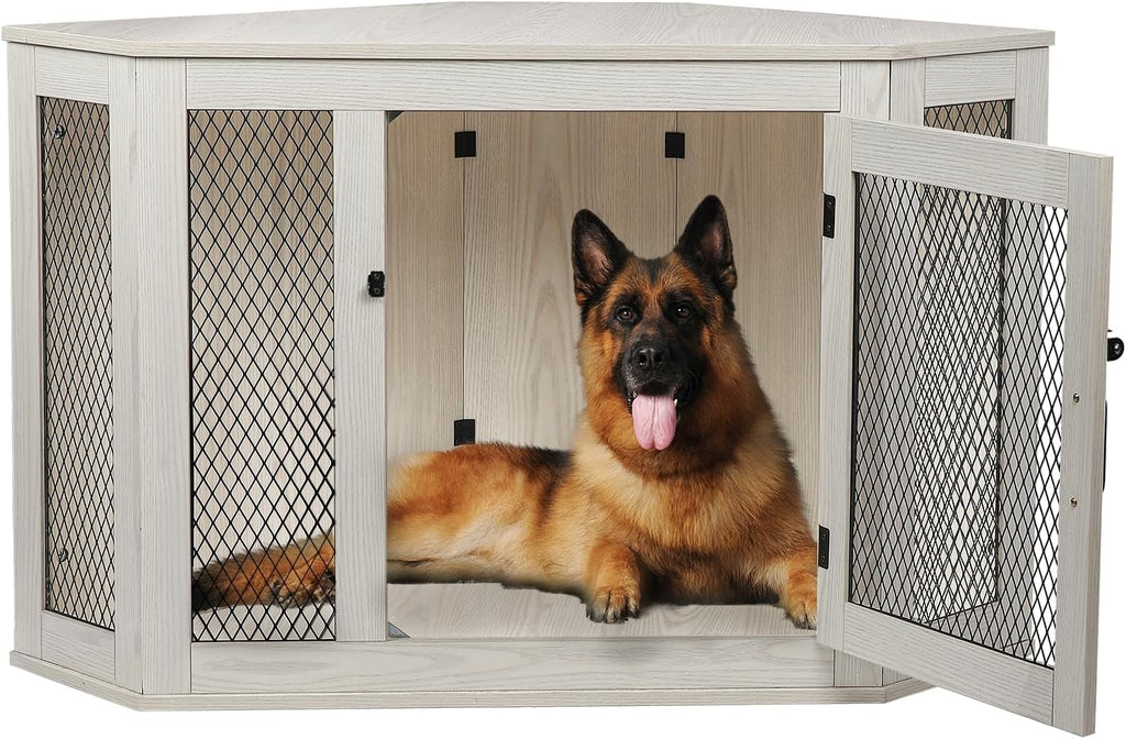 OFIKA Corner Dog Crate Furniture, Wooden Corner Dog Kennel Side End Table with Metal Mesh,Indoor Pet Crates Corner Side Table for Small Medium Large Dogs, Corner Dog Crates for Living Room