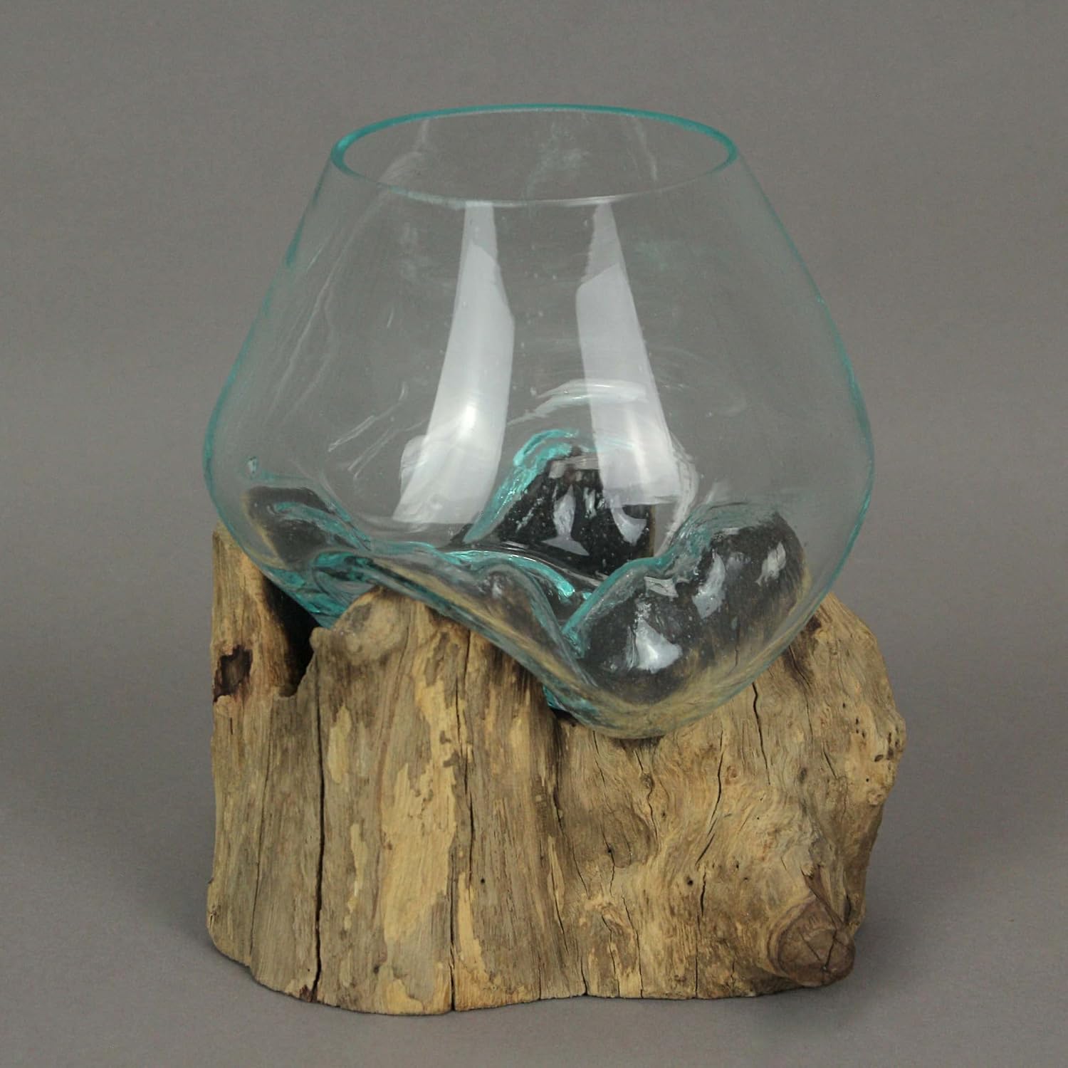 Melted Glass and Teak Driftwood Centerpiece Bowl Sculpture, 7-Inch N899199