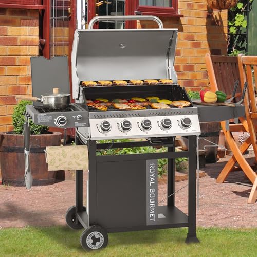 5 Burner Propane Gas Grill with Side Burner and Sear Burner, Cart Style BBQ Grill C4711