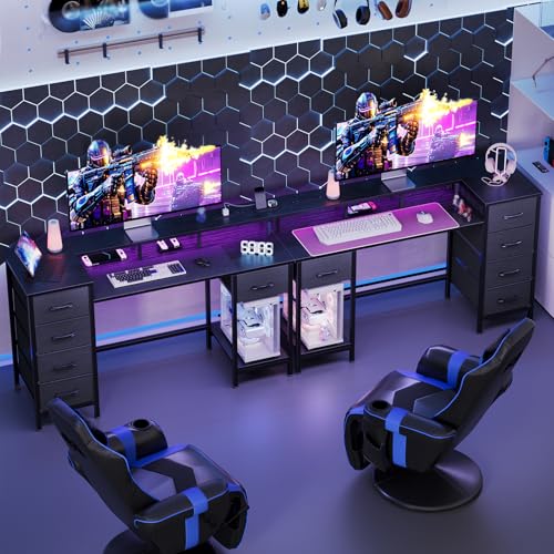 47 Inch Computer Gaming Desk with Power Outlets LED Lights and Storage Drawers I77165