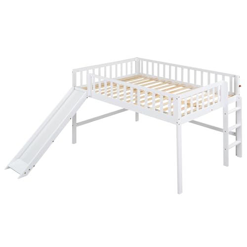 Wood House Loft Bed Frame with Slide and Storage Shelves Z806