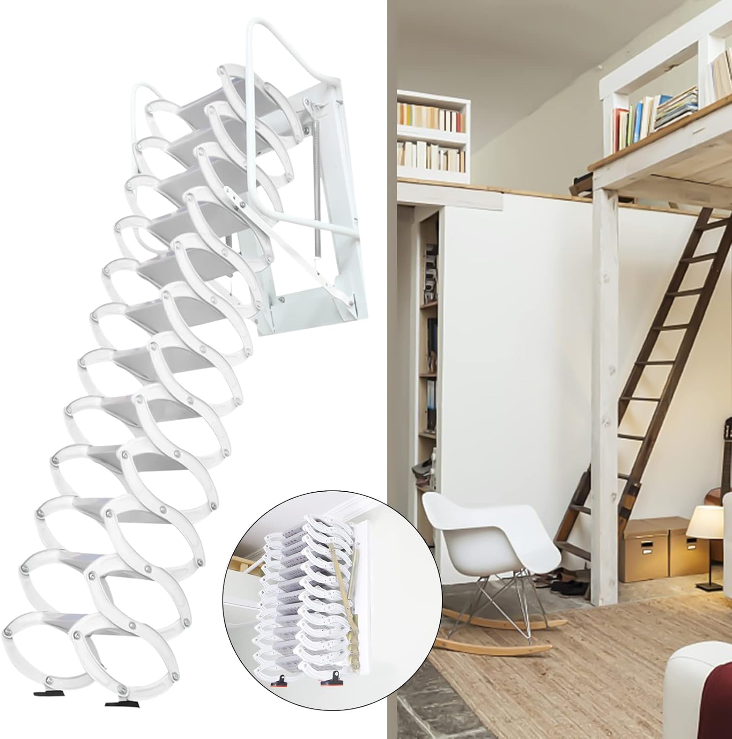 Folding Loft Ladder with Pull Down System, 122in Wall-Mounted Attic Stairs U260236