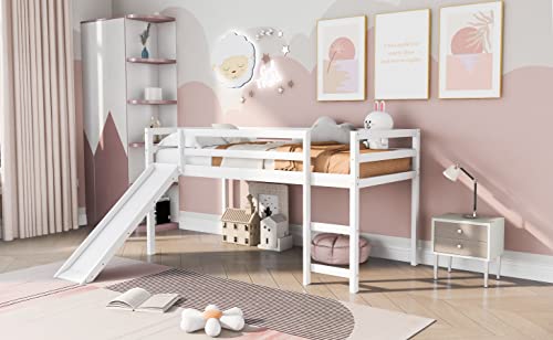 Wood House Loft Bed Frame with Slide and Storage Shelves Z806