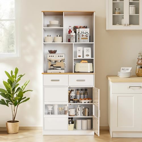 Kitchen Pantry Cabinet, 72" Tall with Microwave Stand and Storage Shelves A927
