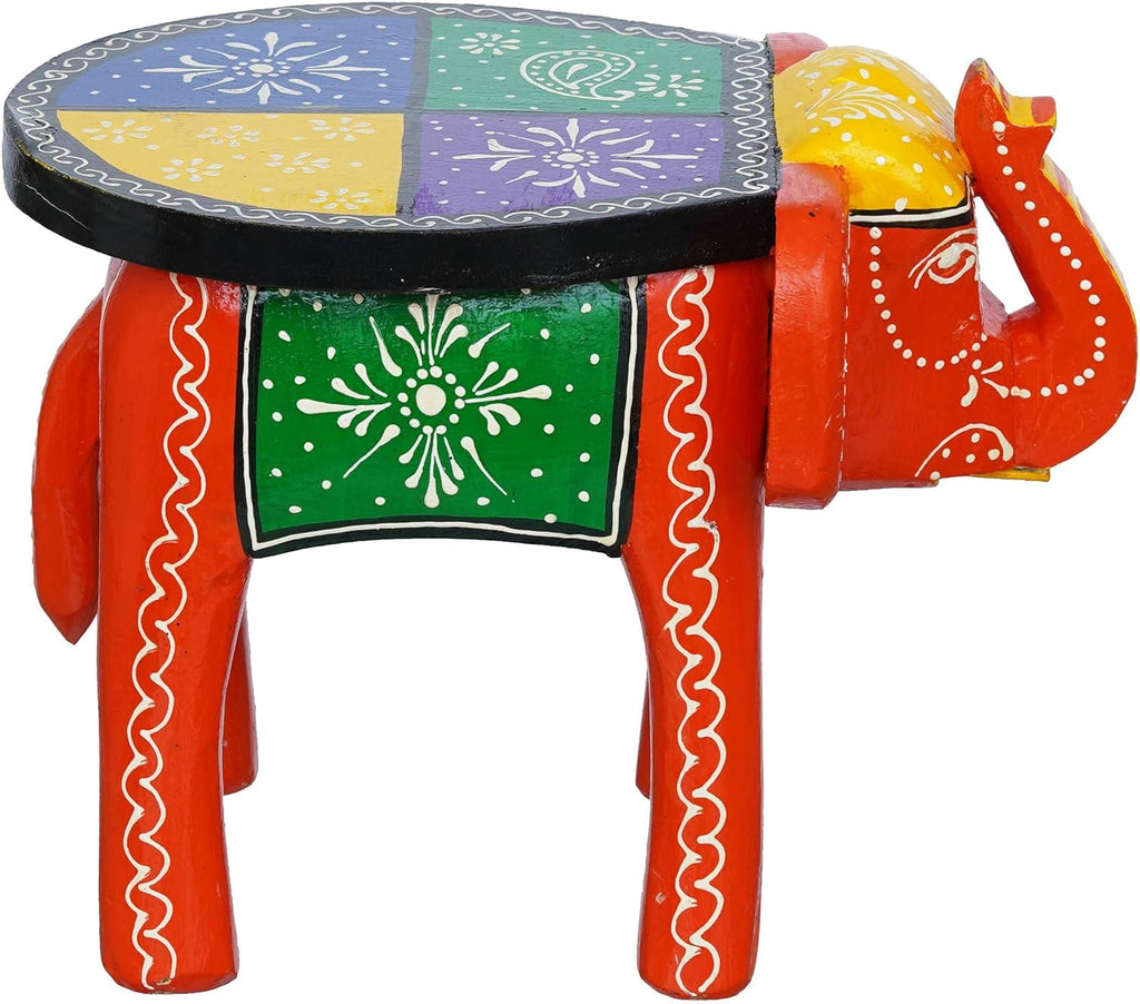 Handcrafted Painted Wooden Elephant Stool Table, Medium F6590