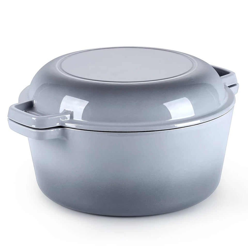 Walchoice 2-in-1 Enameled Cast Iron Dutch Oven with Skillet Lid, 5 Quart Dutch Oven Pot Cookware with Handles for Grilling, Stewing - Grey