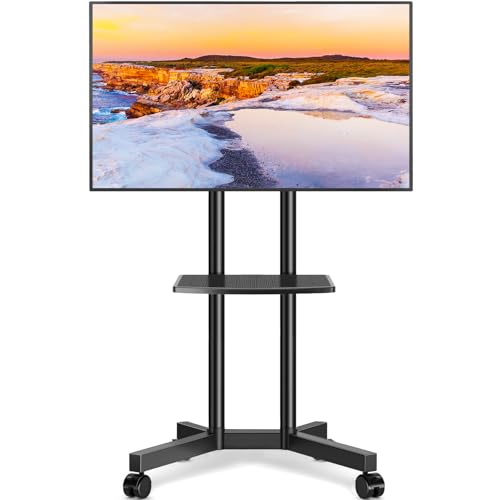 Mobile TV Stand with Upgraded Wheels for 32-75 Inch TVs up to 88 lbs, Height Adjustable Rolling TV Stand with Laptop Shelf, Mobile TV Cart with Heavy Duty Structure for Living Room, Patio, Office
