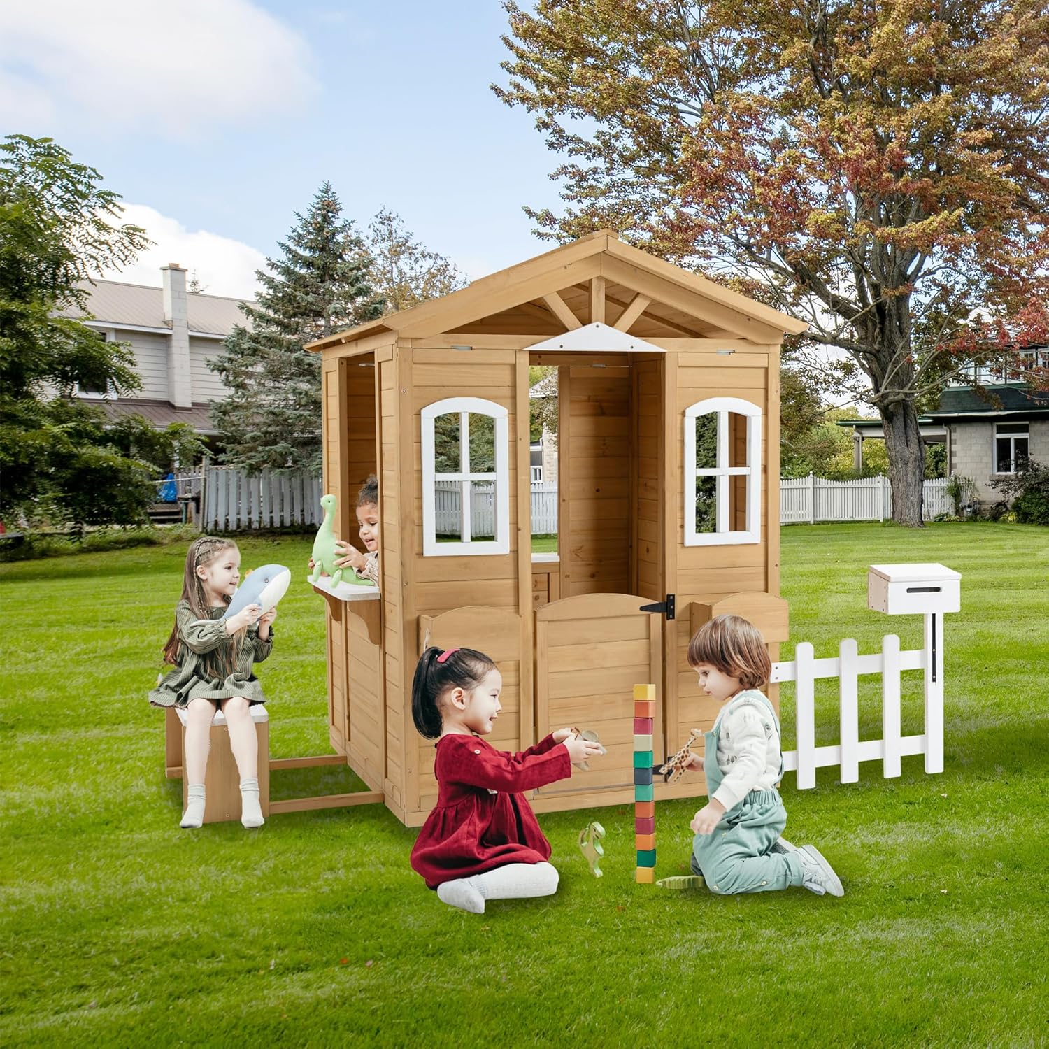 Wooden Outdoor Playhouse for Kids, Playhouse Cottage with Working Doors Windows & Mailbox, Pretend Play House, 39" x 38" x 55.5