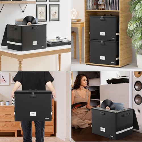 Vinyl Record Storage Box with Lock, Fireproof & Water Resistant, Holds 100+ 12-Inch Records H505