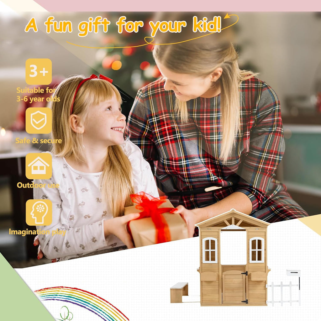 Wooden Outdoor Playhouse for Kids with Working Doors, Windows and Mailbox T237