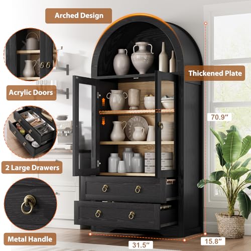 Arched Bookshelf Pantry Cabinet with Drawers and Shelves, 71" Tall M5569