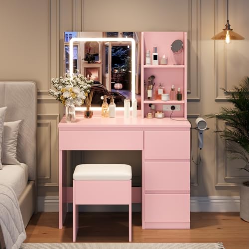 Vanity Desk with Mirror and Lights, 4 Drawers and Storage Stool D711