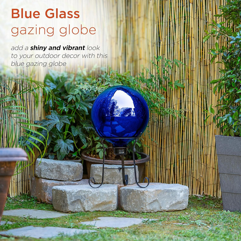 10" Blue Outdoor Glass Gazing Globe with Iron Stand for Gardens I8735