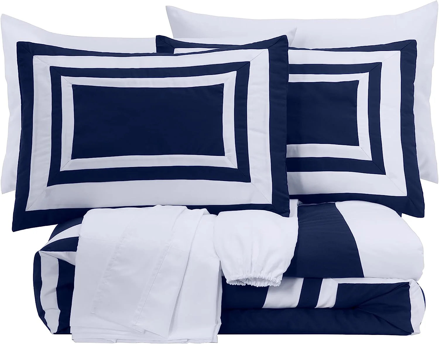 7-Piece King Comforter Set with Sheets Navy White Square Pattern I95367
