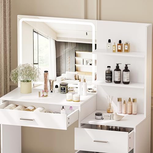 Makeup Vanity with 3-Color Dimmable Lighted Mirror, Side Storage Shelf & 4 Drawers E6505