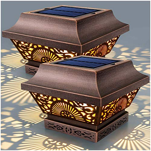 Solar Post Lights 2 Pack Solar Post Cap Lights Outdoor Waterproof Metal 25 Lumen Warm White LED Lighting for 3.5x3.5 4x4 5x5 Wooden Fence Posts, Deck Rail, Yard, Patio, Garden (Black)