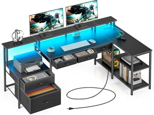 Seventable L Shaped Desk with File Drawers, 64" Home Office Desk with Power Outlet & LED Lights, Reversible Gaming Desk with Printer Storage Shelves, Corner Computer Desk with Monitor Stands, Black