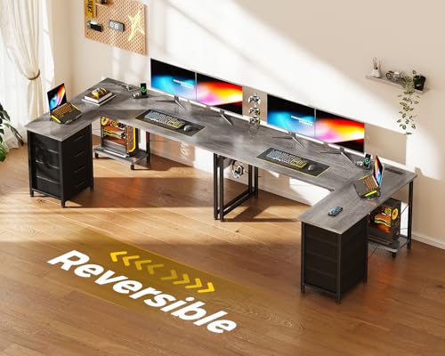 L Shaped Desk with 4 Tier Drawers, Power Outlets & USB, Corner Computer Desk with CPU Stand U4256