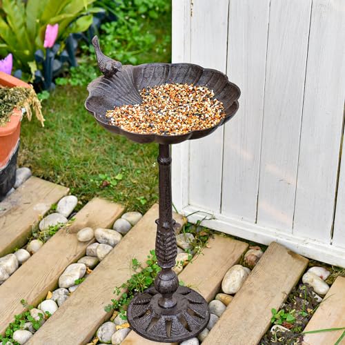Heavy Duty Cast Iron Tall Bird Bath for Garden, Shell-Shape Metal Bird Feeder Fountain Bowl, Outdoor Yard Deck Standing Birdbath Y473075