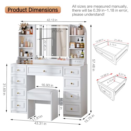 Makeup Vanity Desk with Mirror and Lights, Glass Top, 9 Drawers M5813