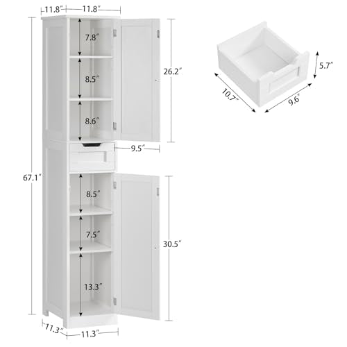 67" Tall Bathroom Cabinet with 2 Doors and 1 Drawer, Adjustable Shelves T930834
