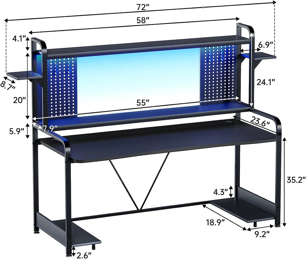 Gaming Desk with Hutch and Shelves, LED Lights, Monitor Shelf, Black B371