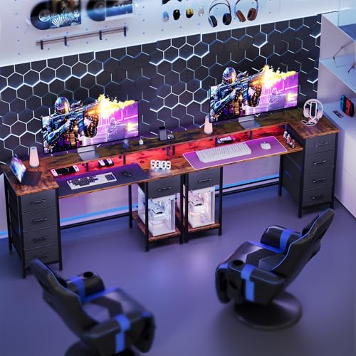 47 Inch Computer Gaming Desk with Power Outlets LED Lights and Storage Drawers I77165
