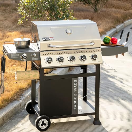 5 Burner Propane Gas Grill with Side Burner and Sear Burner, Cart Style BBQ Grill C4711