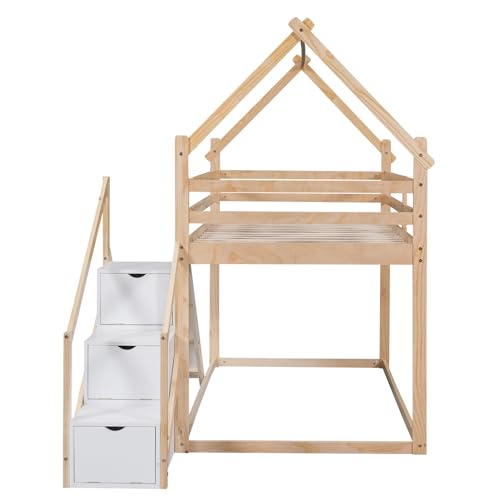 Wood House Loft Bed Frame with Slide and Storage Shelves Z806
