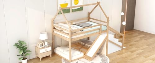 Wood House Loft Bed Frame with Slide and Storage Shelves Z806